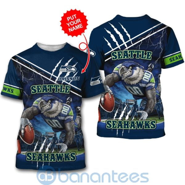 Seattle Seahawks Mascot Catching Ball Custom Name 3D All Over Printed Shirt Product Photo
