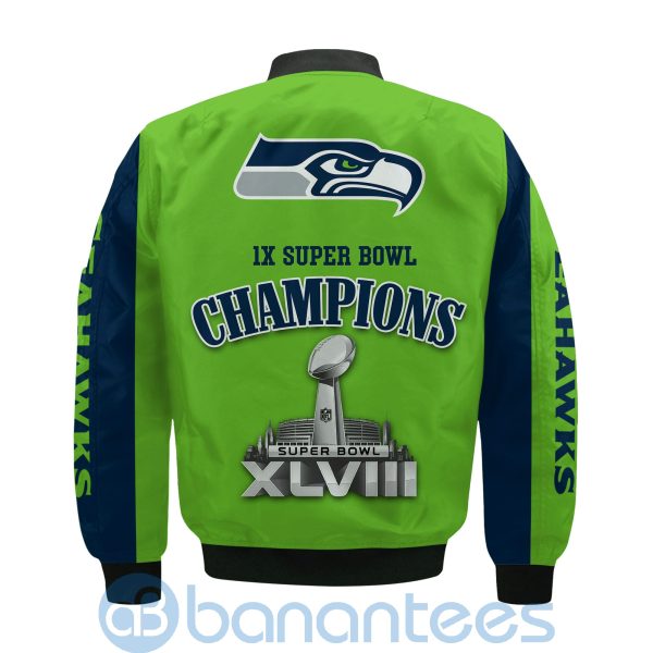 Seattle Seahawks Super Bowl Champions Custom Name Number Bomber Jacket Product Photo