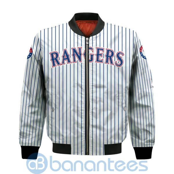 Texas Rangers Stripes Custom Name Number Bomber Jacket Product Photo