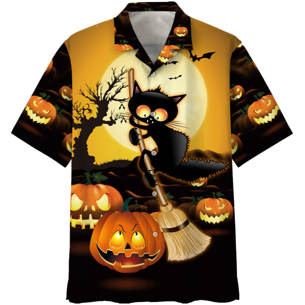Ugly Black Cat Broom Sweep Halloween Hawaiian Shirt - Short-Sleeve Hawaiian Shirt - Black