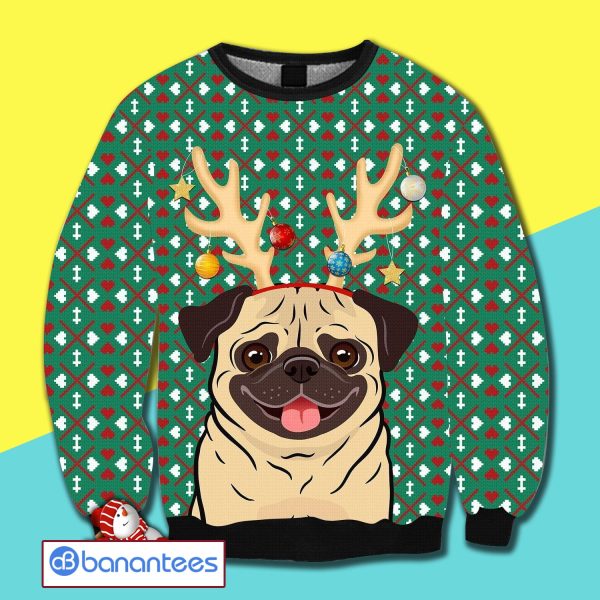 Winter Clothes Dog Lovers Reindeer Pug Awesome Christmas Ugly Christmas Sweater Product Photo