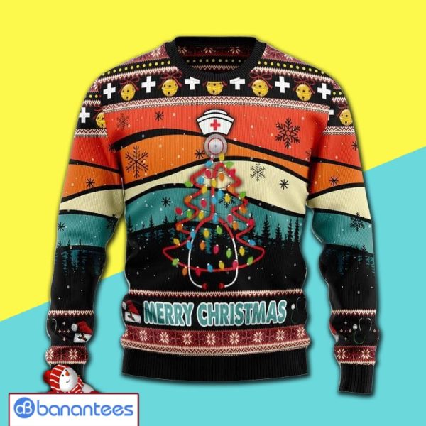 Winter Clothes Nurse And Colorful Pine Tree Pattern Awesome Christmas Ugly Christmas Sweater Product Photo