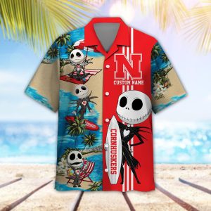 Custom Name Nebraska Cornhuskers Jack Skellington Beach Shorts And Hawaiian Shirt Product Photo