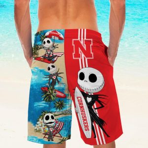 Custom Name Nebraska Cornhuskers Jack Skellington Beach Shorts And Hawaiian Shirt Product Photo
