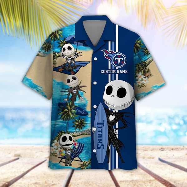 Custom Name Tennessee Titans Jack Skellington Beach Shorts And Hawaiian Shirt Product Photo