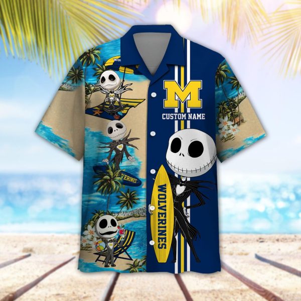 Custom Name Michigan Wolverines Jack Skellington Beach Shorts And Hawaiian Shirt Product Photo