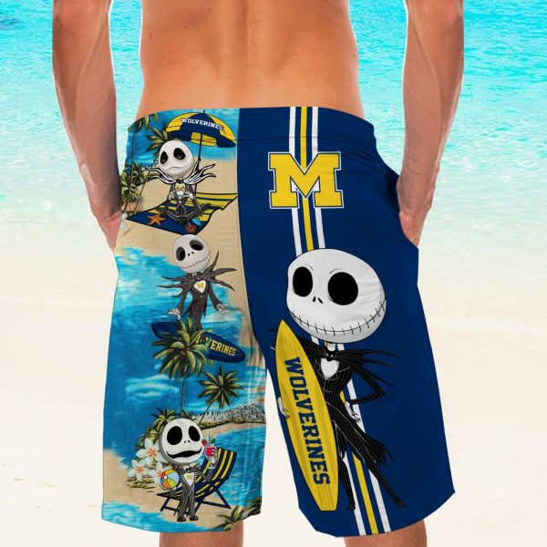 Custom Name Michigan Wolverines Jack Skellington Beach Shorts And Hawaiian Shirt Product Photo