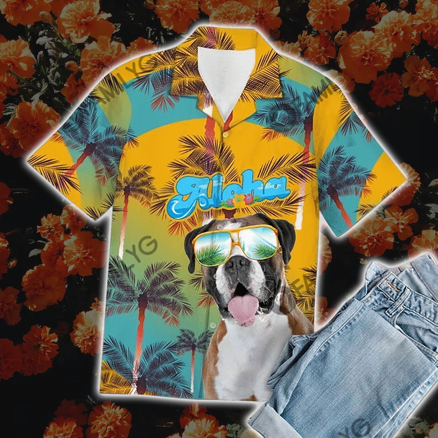 3 Hawaiian shirts with Boxer and pun motifs at the tropical beach