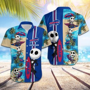 Custom Name Buffalo Bills Jack Skellington Beach Shorts And Hawaiian Shirt - Hawaiian Shirt - Blue
