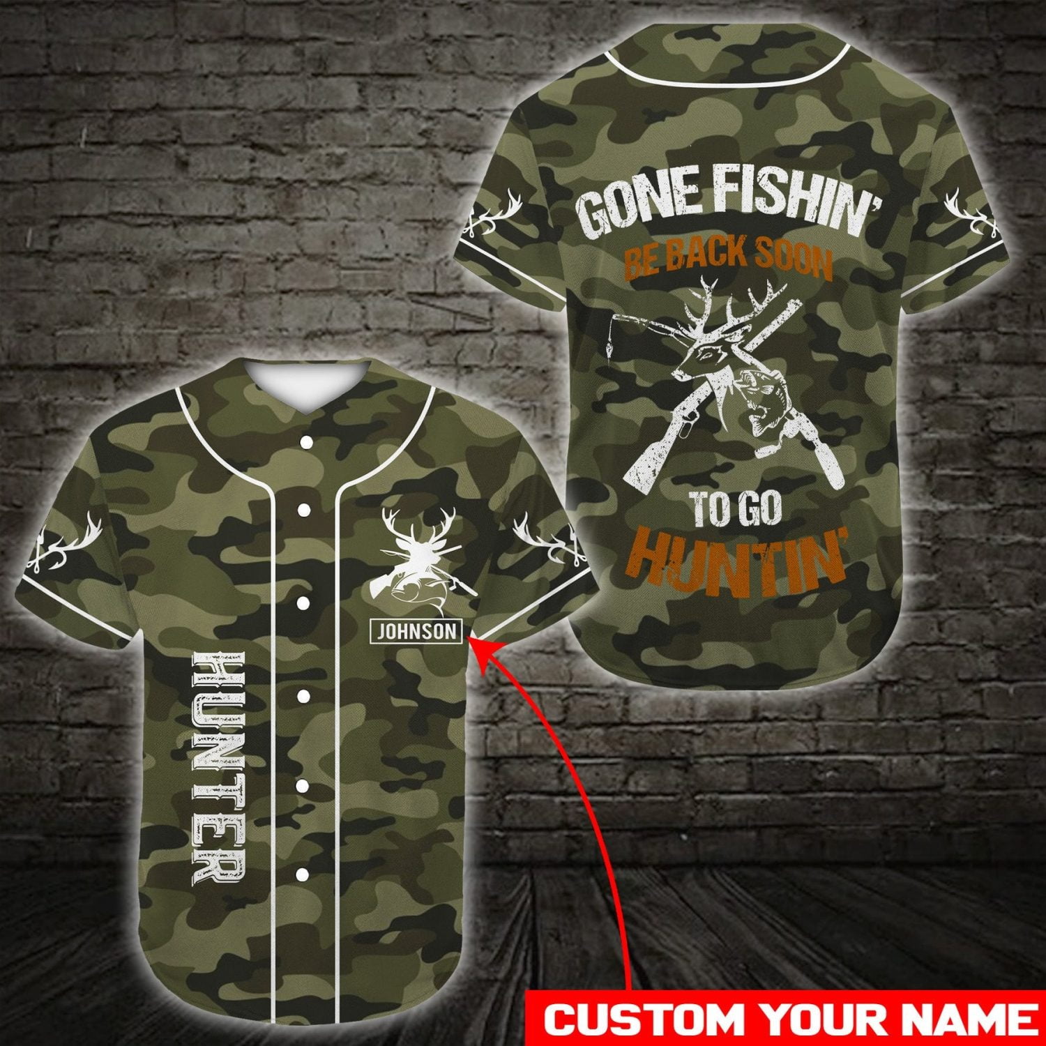 Custom Name Camo Deer And Fish Hunting Lovers Unisex Jersey Baseball Shirt