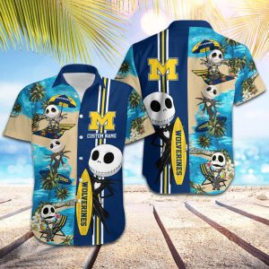 Custom Name Michigan Wolverines Jack Skellington Beach Shorts And Hawaiian Shirt - Hawaiian Shirt - Blue