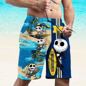 Custom Name Michigan Wolverines Jack Skellington Beach Shorts And Hawaiian Shirt - Short Pant - Blue