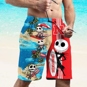 Custom Name Nebraska Cornhuskers Jack Skellington Beach Shorts And Hawaiian Shirt - Short Pant - Red
