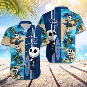 Custom Name Tennessee Titans Jack Skellington Beach Shorts And Hawaiian Shirt - Hawaiian Shirt - Blue