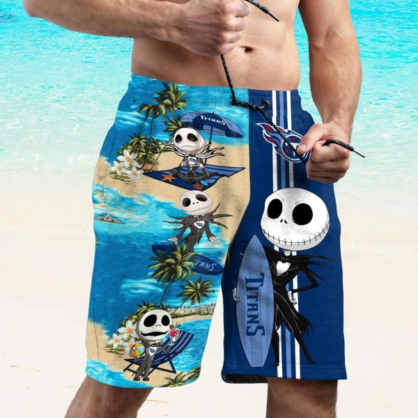 Custom Name Tennessee Titans Jack Skellington Beach Shorts And Hawaiian Shirt - Short Pant - Blue