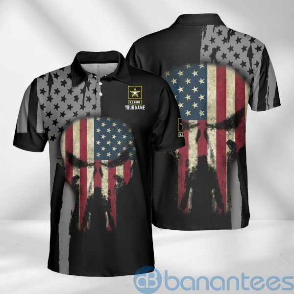 Custom Name US Army Punisher Skull American Flag Polo Shirt Product Photo
