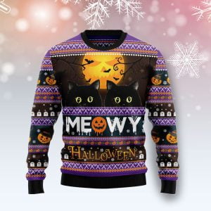 Halloween Night Cat Meowy Halloween Sweater - AOP Sweater - Black