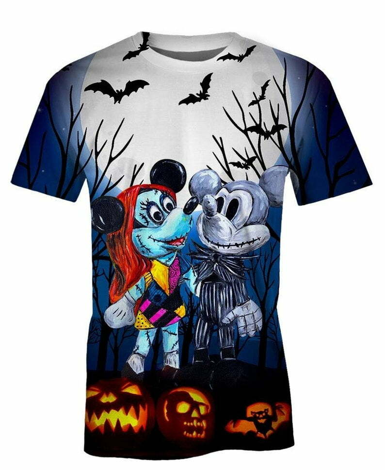 Mickey And Minnie Mouse As Jack And Sally Halloween 3D T-Shirt - 3D T-Shirt - Navy Blue