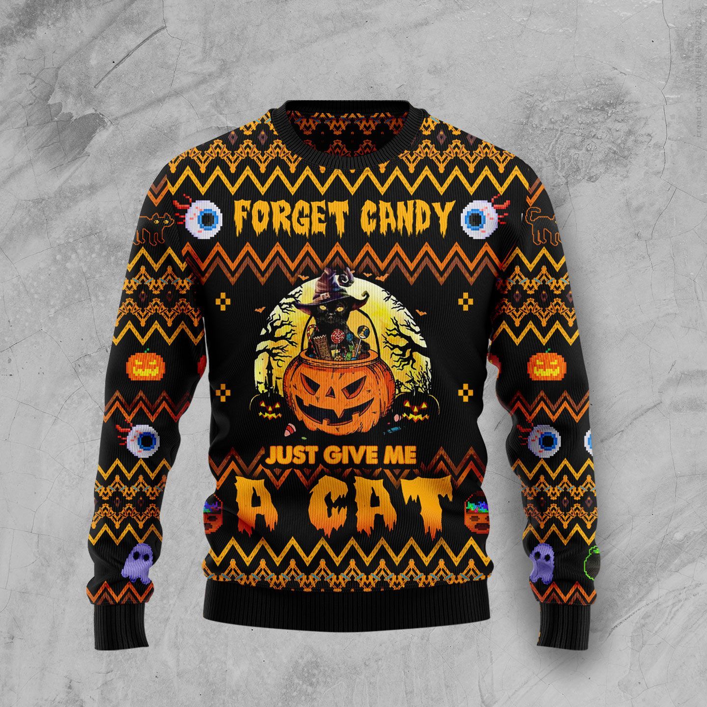 Pumpkin And Ugly Cat Forget Candy Just Give Me A Cat Halloween Sweater - AOP Sweater - Black