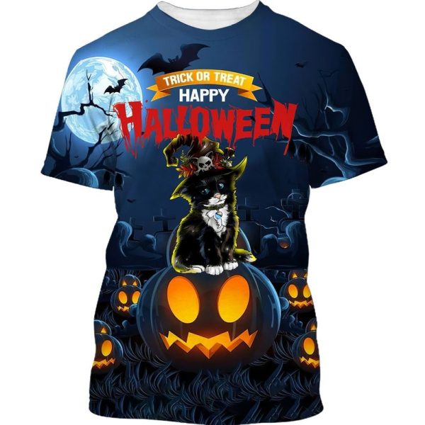 Pumpkin Black Cat Trick Or Treat Funny Halloween 3D T-Shirt - 3D T-Shirt - Navy