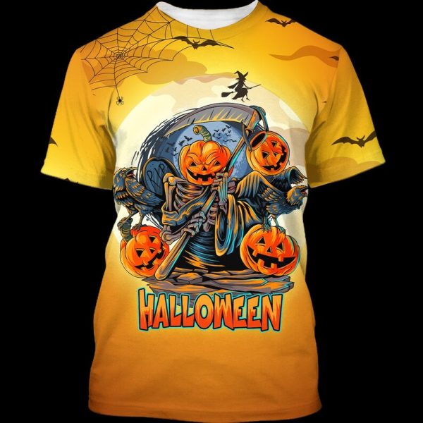 Pumpkin Halloween Ghost Scythe Of Death 3D T-shirt - 3D T-Shirt - Yellow