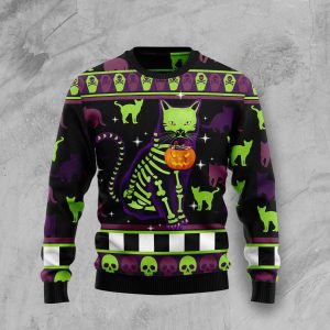 Skull Ugly Cat Pumpkin Halloween Gift Sweater - AOP Sweater - Black