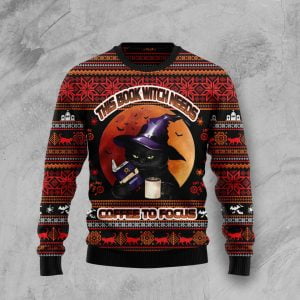This Book Witch Needs Coffee To Focus Ugly Black Cat Halloween Sweater - AOP Sweater - Red