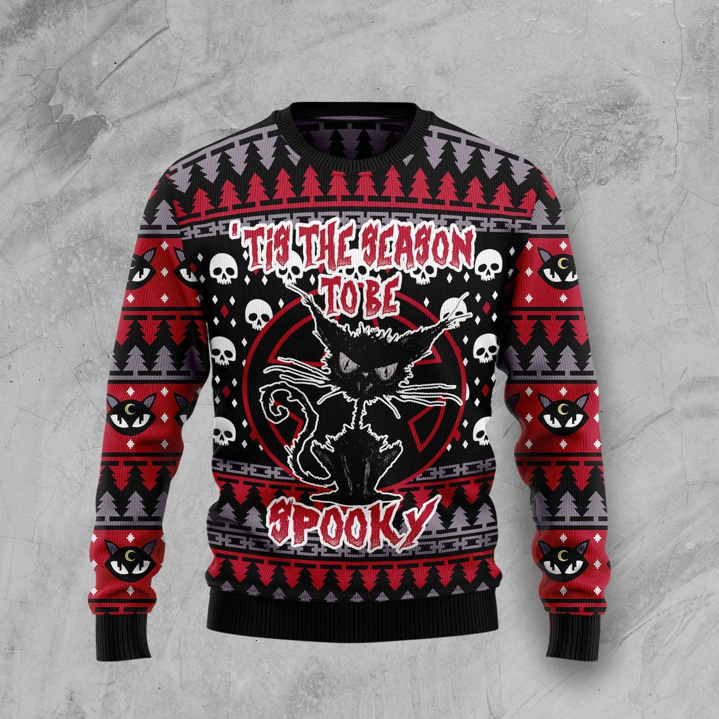 Tis The Season Tobe Spooky Black Cat Spooky Halloween Sweater - AOP Sweater - Red