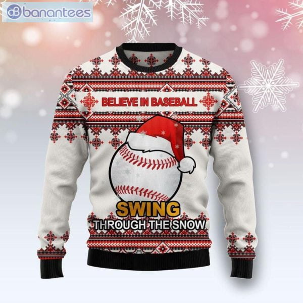 Baseball Santa Hat Swing Through The Snow Christmas Ugly Sweater Product Photo 1