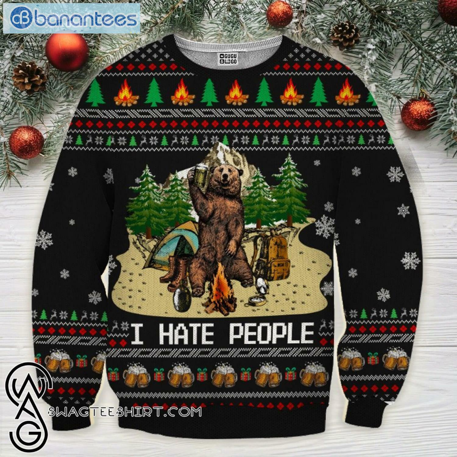 Bear Beer Camping I Hate People Full Printing Ugly Christmas Sweater Product Photo 1 Product photo 1
