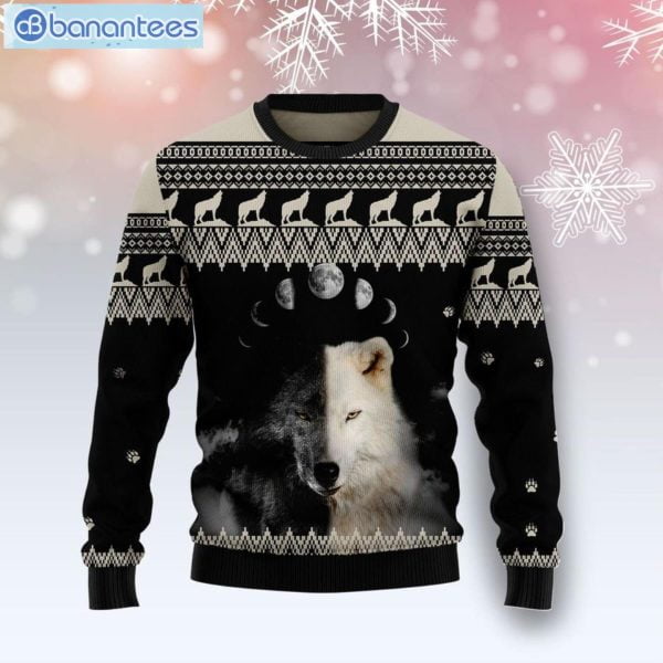 Black And White Night And Day Wolf Christmas Ugly Sweater Product Photo 1