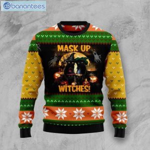 Black Cat Mask Up Witches Christmas Ugly Sweater Product Photo 1