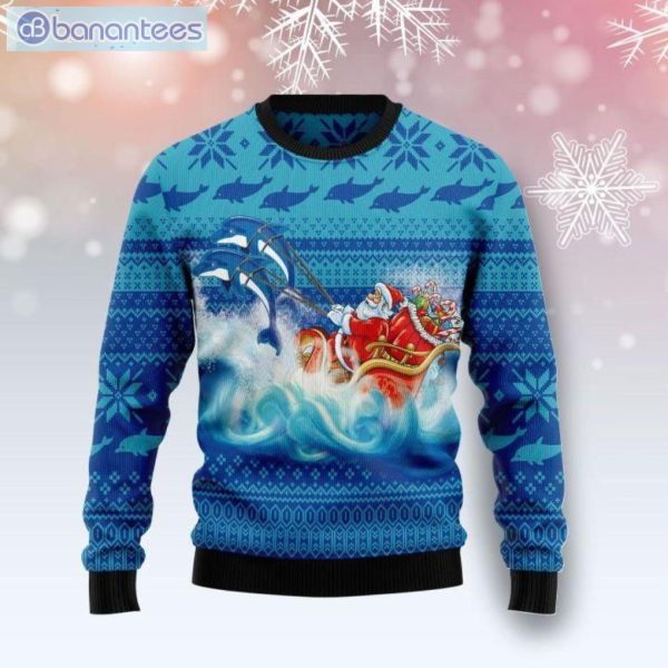 Dolphin Riding The Waves With Santa Christmas Ugly Sweater Product Photo 1
