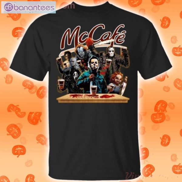 Horror Characters Drinking Mc Cafe Funny T-Shirt Product Photo 1