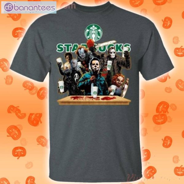 Horror Characters Drinking Starbucks Funny T-Shirt Product Photo 2
