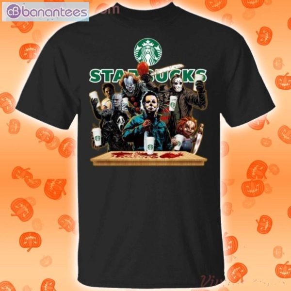 Horror Characters Drinking Starbucks Funny T-Shirt Product Photo 1