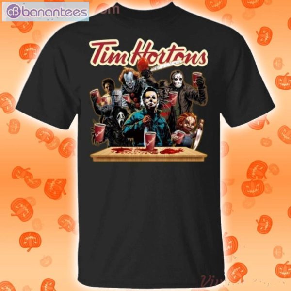 Horror Characters Drinking Tim Hortons Funny T-Shirt Product Photo 1