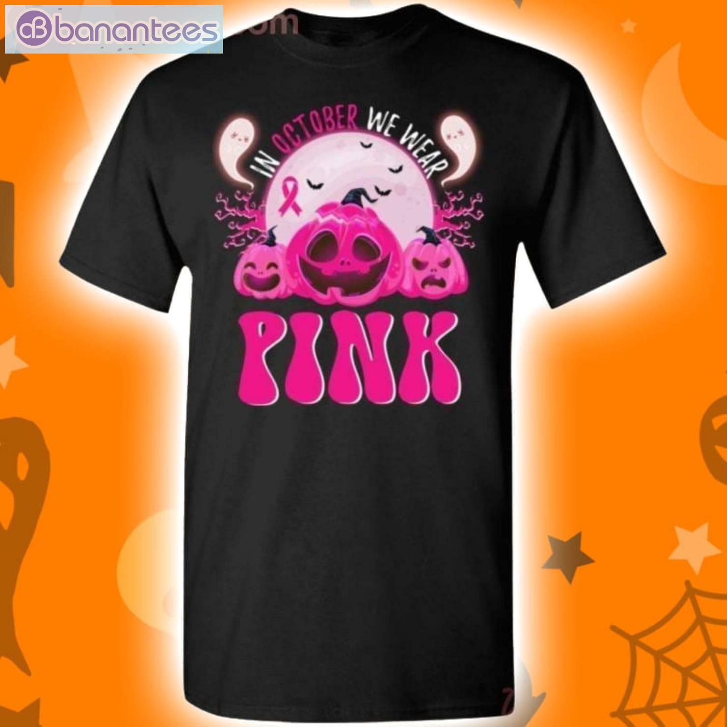 In October We Wear Pink Breast Cancer Pumpkin Halloween T-Shirt Product Photo 1
