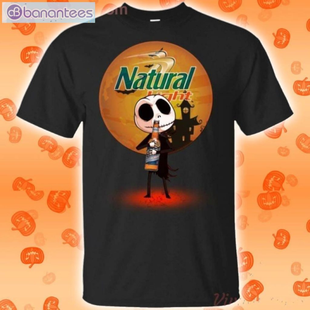 Jack Skellington Hold Natural Light Beer Halloween T-Shirt