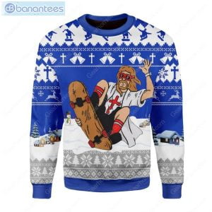 Jesus Skateboarding All Over Printed Ugly Christmas Sweater Product Photo 1