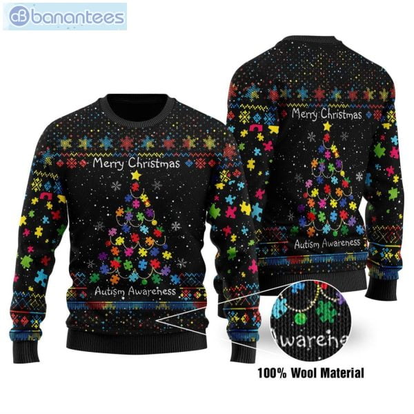 Merry Christmas Autism Awareness Puzzle Tree Christmas Ugly Sweater Product Photo 1