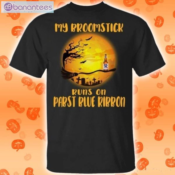 My Broomstick Runs On Pabst Blue Ribbon Funny Beer Halloween T-Shirt Product Photo 1