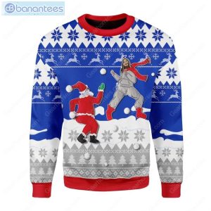 Santa And Jesus Play Snowball All Over Printed Ugly Christmas Sweater Product Photo 1