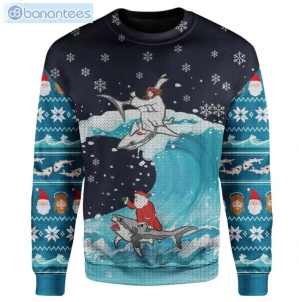 Santa And Jesus Surfing With Shark Christmas Ugly Sweater Product Photo 3