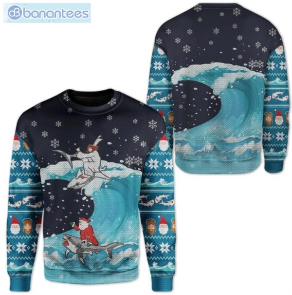 Santa And Jesus Surfing With Shark Christmas Ugly Sweater Product Photo 1
