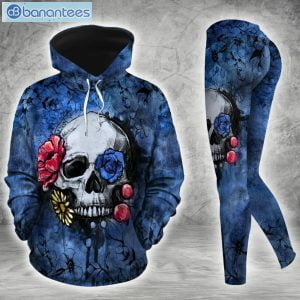 Skull And Red Flower Blue Unique 3D Printed Leggings Hoodie Set Product Photo 2