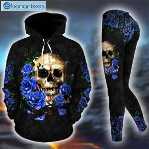 Skull Flower Blue And Black Unique 3D Printed Leggings Hoodie Set Product Photo 2